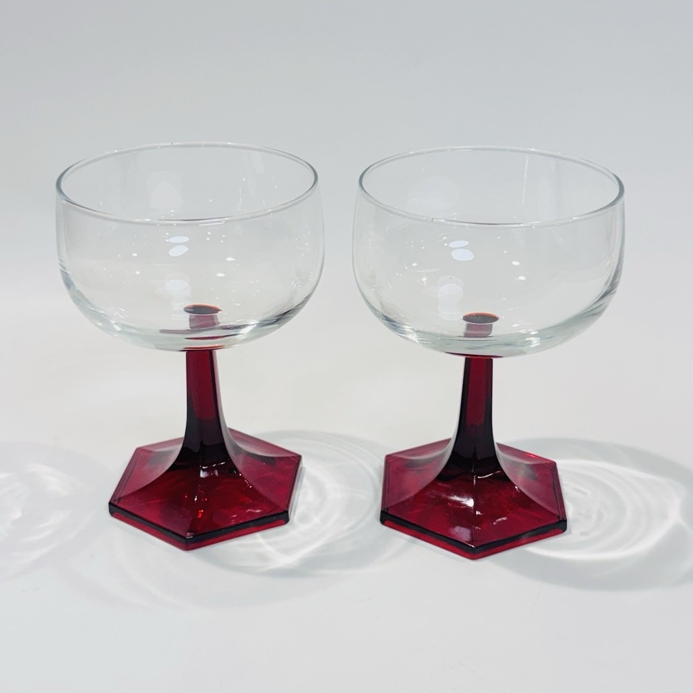 Vintage Ruby Red Pressed‎ Glass Stemmed Wine Cocktail Glasses